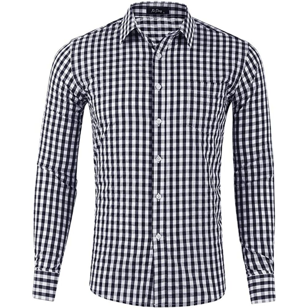 Slim Fit Plaid Checkered Gingham Long Sleeve Dress Shirt Dark Blue Tartan Small